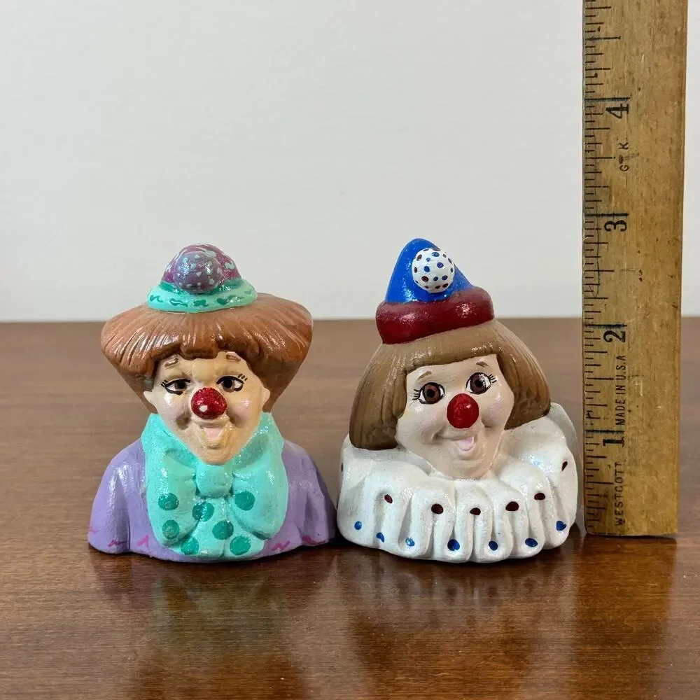 Vintage Handmade Ceramic Clown Cake Toppers Set of 4 Circus Heads Figurines